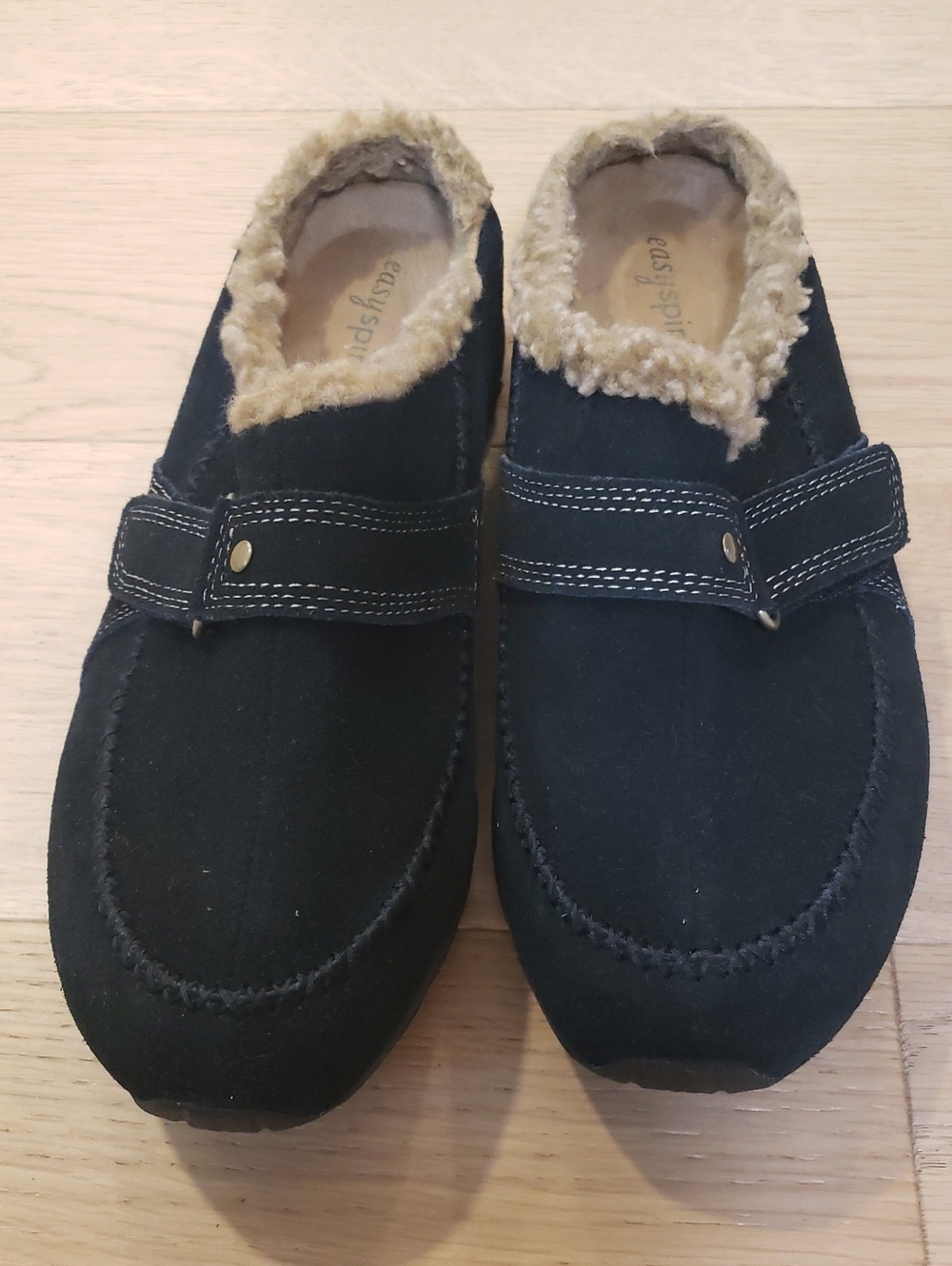 Black Suede Slip-On Moccasin with Faux Fur Lining. Size 10